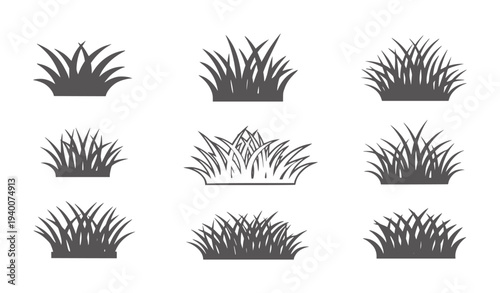 Nine dark grey grass clump white silhouette