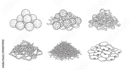 Six piles of hand drawn pasta and beans in style food collection