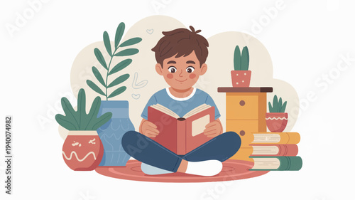 Young boy sitting cross legged reading a book surrounded by plants and stacked books on a rug