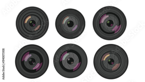 Set of six realistic professional camera lenses with different aperture settings and colorful reflections isolated on white background.