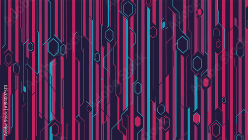 Futuristic digital technology background with vertical stripes and floating hexagonal shapes in vibrant pink, blue, and dark purple.