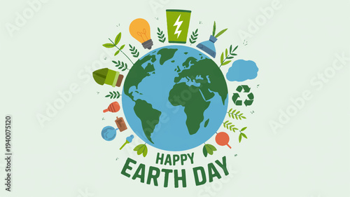 Eco friendly earth day banner with green globe surrounded by leaves light bulb recycling symbol and eco icons on green background