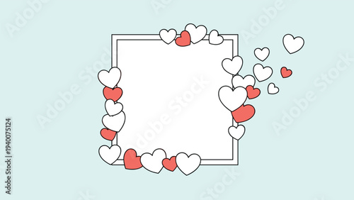 Romantic square border frame decorated with a variety of white and red heart shapes in different sizes on a soft blue background.