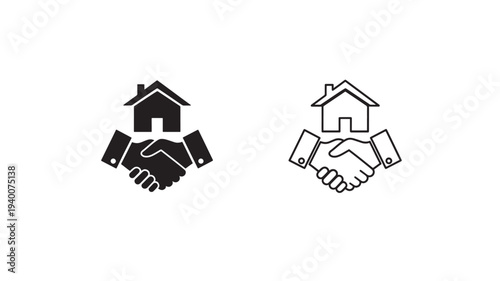 House icon with handshake, representing real estate deal, mortgage, or partnership with a home. featuring property, agreement, contract with business