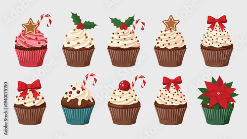 Assorted collection of festive Christmas cupcakes with various holiday toppings like stars, candy canes, and holly on light grey.