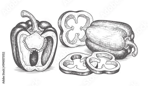 Vintage of bell peppers whole and sliced in black and white capsicum vegetable food