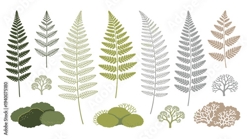 15 Leaf and Plant Illustrations in Three Rows with Diverse Green, Gray, Tan Tones