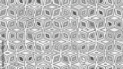 Abstract monochrome geometric pattern with repeating star and diamond shapes creating a complex and symmetrical grayscale texture.