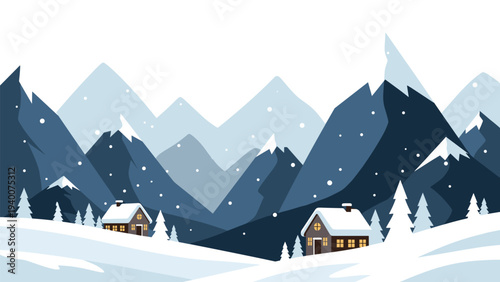 Beautiful winter mountain landscape illustration with cozy wooden houses and pine trees under a gentle snowfall during nighttime.