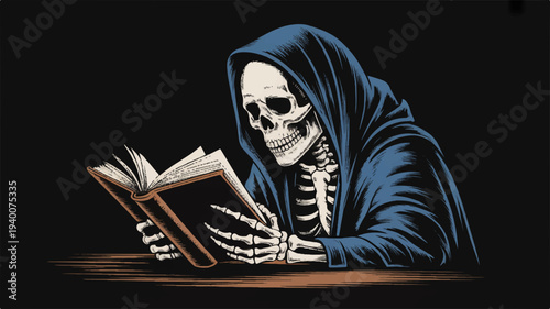 Skeleton in blue hood reading book on black background symbolizing death and knowledge