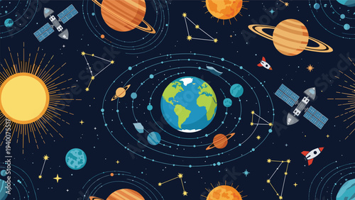 Detailed celestial seamless pattern showing Earth and other planets orbiting the sun with satellites and stars in deep space.