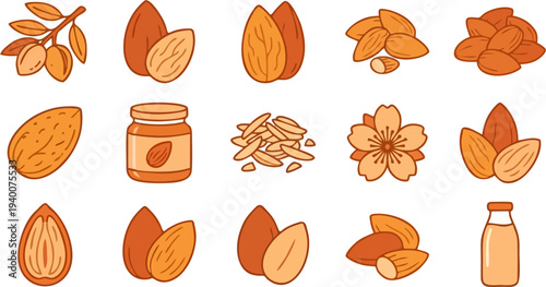 Almond Icon Collection Set with Branch Butter Jar Sliced Flower and Milk Bottle, Flat Cartoon Vector Illustration for Food and Healthy Lifestyle Design