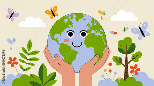 Smiling earth globe held by hands with flowers butterflies and clouds on earth day celebration background
