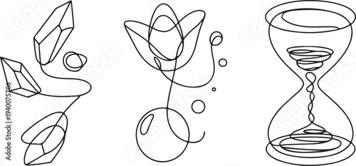 Handdrawn abstract line art icons representing crystal flower and hourglass design