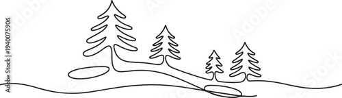 Minimalist handdrawn forest landscape with trees and hills illustration design