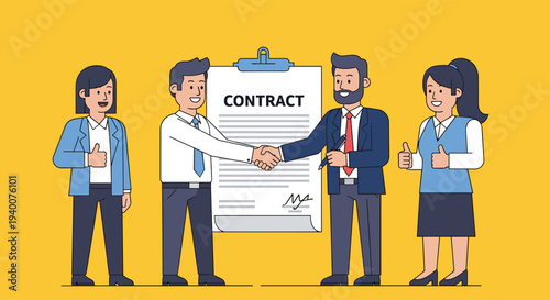 Business Partners Shaking Hands Signing Contract Agreement Vector Illustration