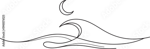 Minimalist handdrawn wave and crescent moon illustration design element