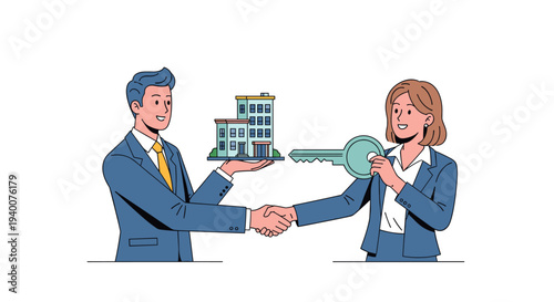 Real Estate Agent Giving House Key After Property Deal Vector Illustration