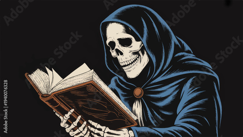 Vintage horror art vector of skeletal grim reaper reading old mysterious book in dark blue hooded cloak against black background