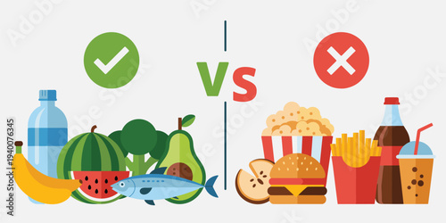 Healthy Food vs Unhealthy Food Comparison with Check and Cross Marks