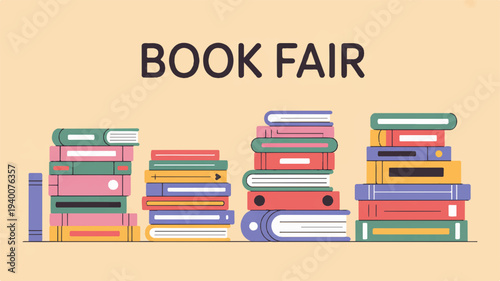 Colorful stacks of books with 'book fair' text on light peach background ideal for education and literacy campaigns
