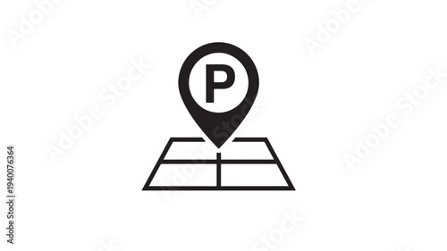 Map pin icon with a parking sign indicating a designated parking area on a simplified grid map. featuring location, navigation, symbol with