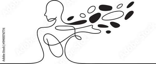 Minimalist line art drawing of a person speaking with abstract words bubbles