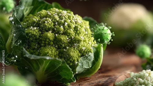 Fresh Broccoli on Wooden Board Closeup.