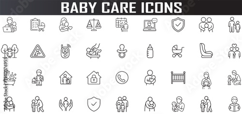 baby care and parenting icon set, minimal outline childcare symbols