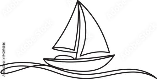 Minimalist line art drawing of a sailboat floating on wavy water