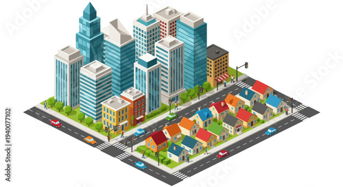 Isometric Cityscape with Skyscrapers and Residential Houses, Urban Development Concept