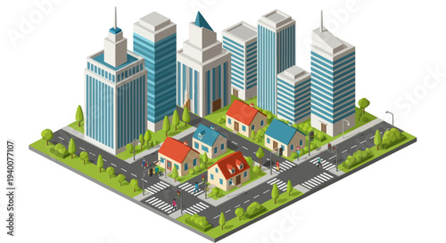 Isometric cityscape with residential houses and modern skyscrapers, urban planning concept