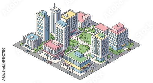 Isometric City Block with Buildings, Park, and Streets in Pixel Art Style