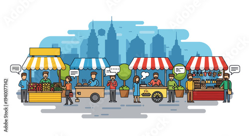 City Street Market with Diverse Stalls and People