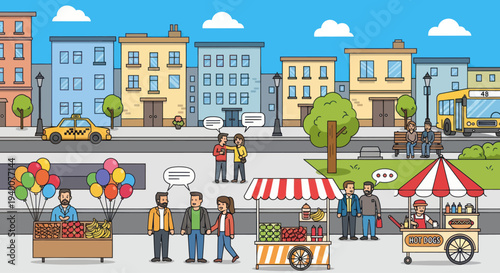 Pixel Art City Scene: Street Vendors, People, Buildings, and Yellow Taxi