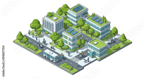 Isometric eco-friendly city block with green buildings, solar panels, and sustainable transport.