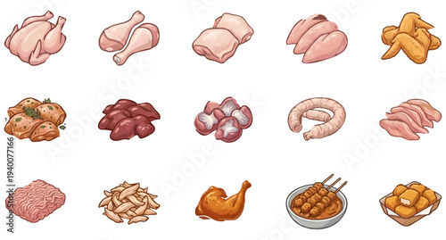 Collection of 15 Chicken Meat Icons Featuring Raw Cuts and Prepared Poultry Products