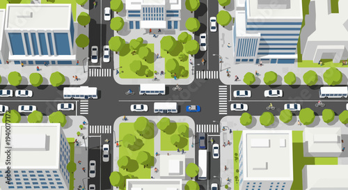 Top View of Busy City Intersection with Cars, Buses, and Pedestrians
