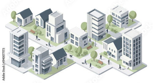 Isometric Cityscape: Modern Buildings, Houses, Parks, and People Walking