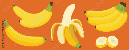 Yellow Bananas Various Stages of Peeling and Slices