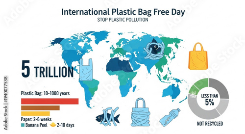International plastic bag free day infographic with world map and eco friendly statistics