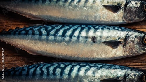Fresh Mackerel Fish on Wooden Board.