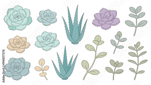 Set element botanical floral species illustration of various flowers and leaves in a digital art style