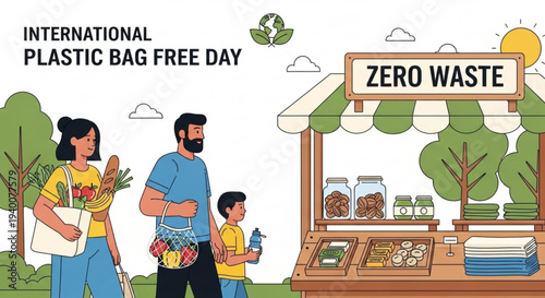 Family supporting zero waste policy on international plastic bag free day with eco friendly shopping