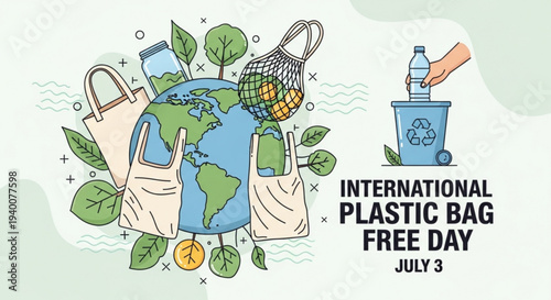 Earth surrounded by eco friendly bags and leaves on international plastic bag free day