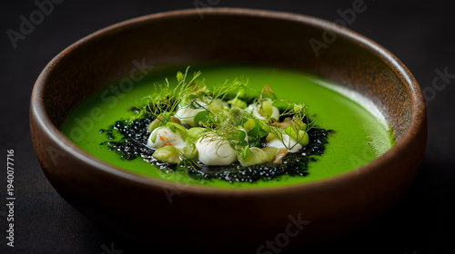 Michelin star dining, Deep green parsley velouté with smoked eel, apple brunoise, and horseradish cream. Bright, smoky, and elegant