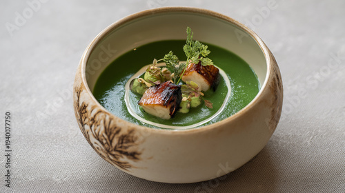 Michelin star dining, Deep green parsley velouté with smoked eel, apple brunoise, and horseradish cream. Bright, smoky, and elegant