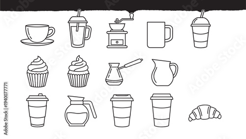 Coffee shop icons featuring cups, coffee makers, pastries, and milk jugs, presented in a minimalist line art style for graphic design.
