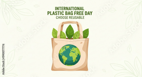Reusable bag with green leaves and earth on international plastic bag free day