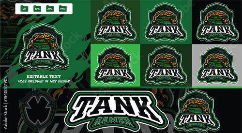 Powerful tank gamer e-sports sports mascot logo. Armored green military tank bursting with fiery orange fire and dynamic shield, editable vector for e-sports, war games & branding.